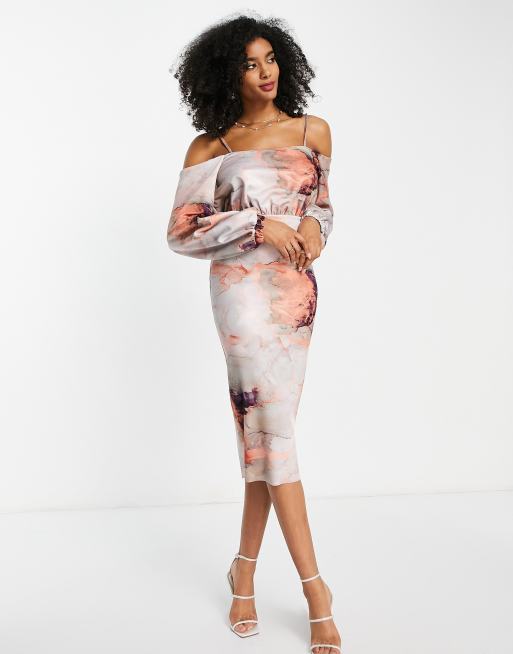 ASOS DESGN - Bardot-midikjole med tynde stropper og marmorprint