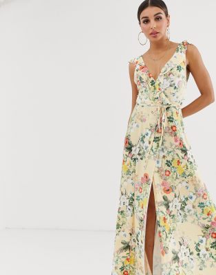 floral frill detail wrap maxi dress