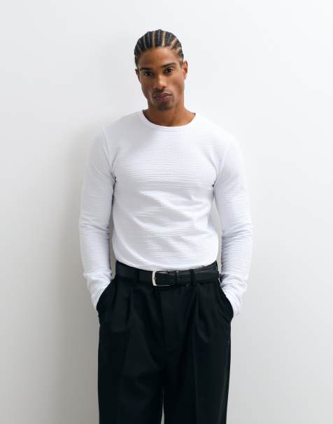 ASOS DESGN Muskelshirt mit langen Ärmeln und Einfassung in Weiß mit Struktur - view 1