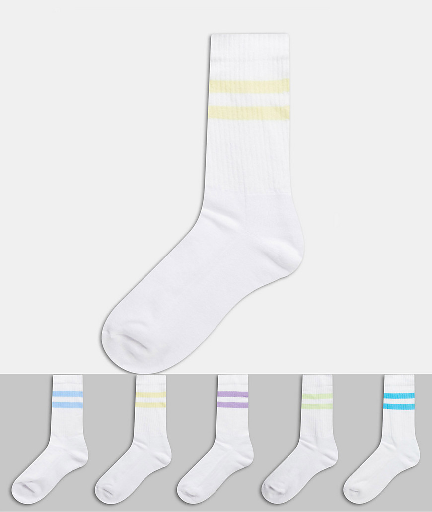 ASOS DESGN sport socks with multi colour stripe 5 pack-White