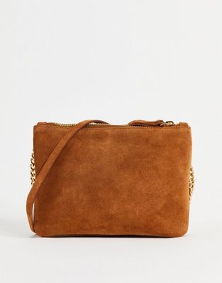 ASOS DESGN Suede multi gusset crossbody bag with chain link strap in tan