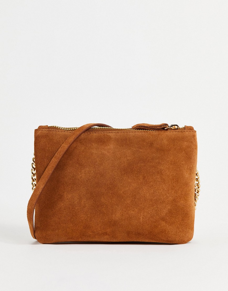 ASOS DESGN Suede multi gusset crossbody bag with chain link strap in tan-Brown