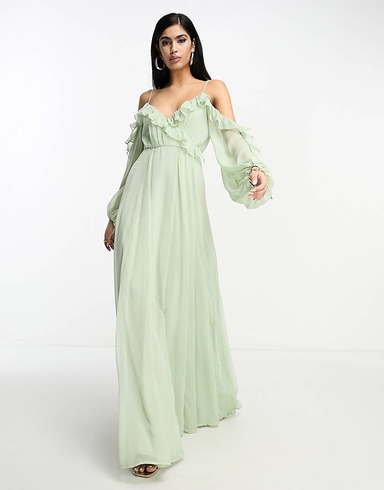 asos.com | ASOS DESIG – Salviagrön maxiklänning med knytdetalj, omlott och volang