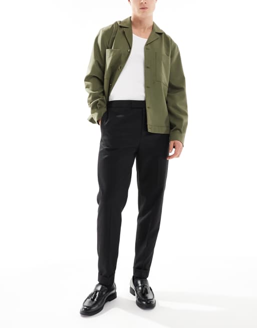 ASOS DESIG - Smalle toelopende broek van keperstof met halfelastische taille in zwart