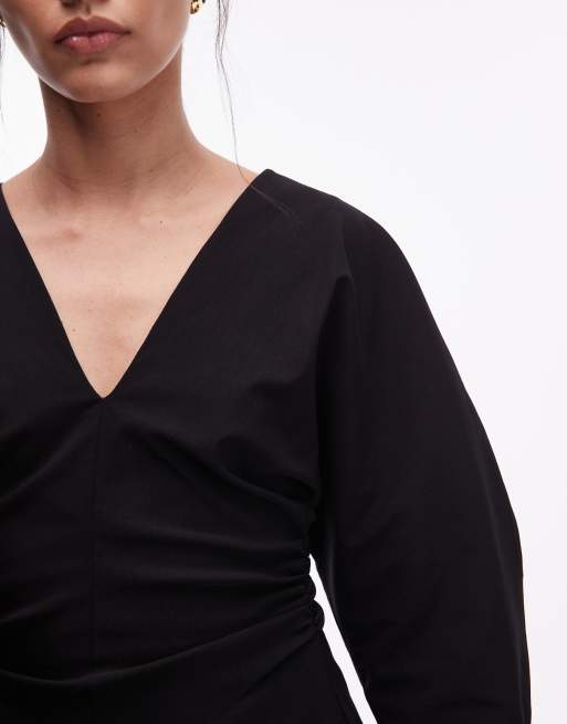ASOS DESIG - Vestito corto in bengalina arricciata nero con scollo a V, 2 di 4