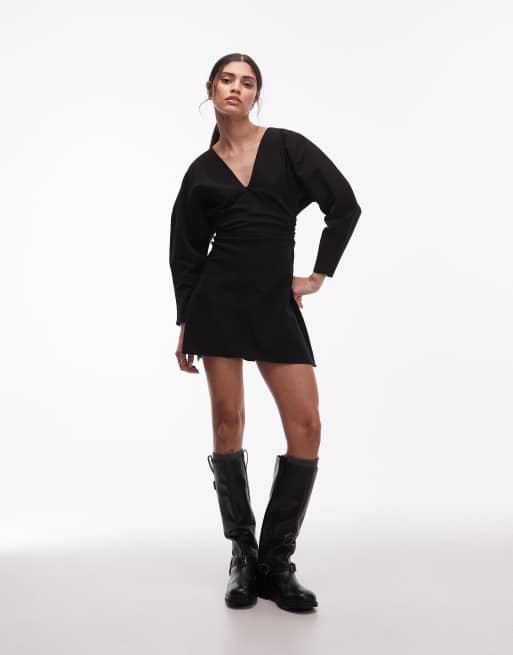 ASOS DESIG - Vestito corto in bengalina arricciata nero con scollo a V, 3 di 4