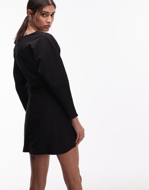 ASOS DESIG - Vestito corto in bengalina arricciata nero con scollo a V, 4 di 4
