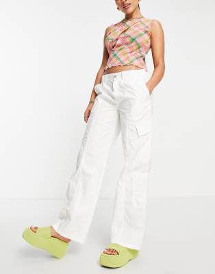 White Cargo Pants Women, White Wide Leg Cargo Pants