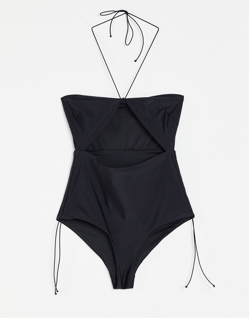 ASOS DESIGN 00s micro strapping bandeau swimsuit in slinky black