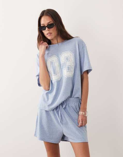 ASOS DESIGN 03 graphic oversized tee and short pajama set in blue - view 1