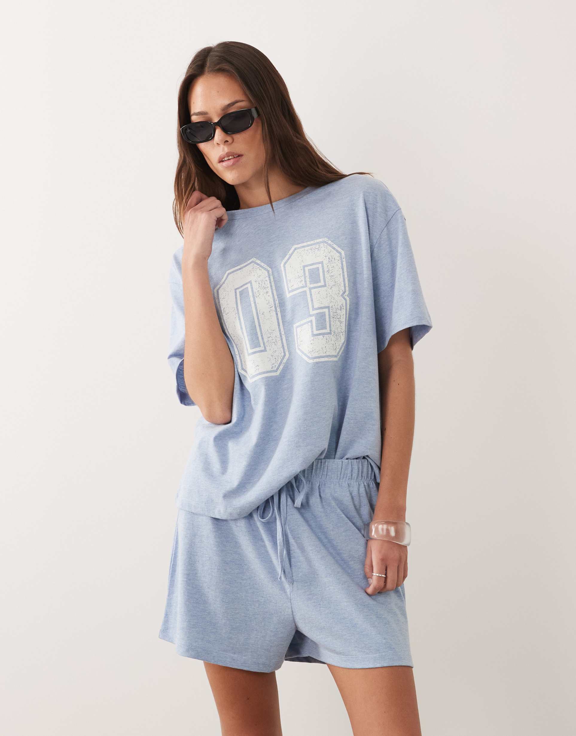 asos design 03 graphic oversized tee and shorts set in blue