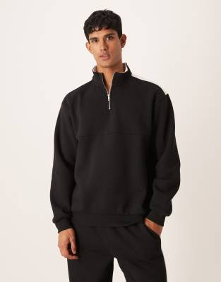 Asos Design 1/4 Zip Funnel Neck Sweatshirt With Cut And Sew Panel In Blue