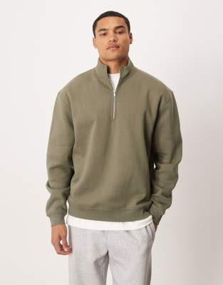 Asos Design Essential Relaxed Fit Quarter Zip Sweatshirt In Green