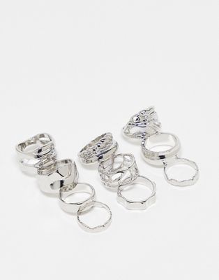 ASOS DESIGN 10 pack ring set with band ring mixes in all silver tone