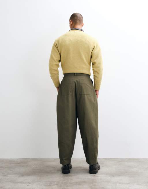 ASOS DESIGN 100% cotton heavyweight tailored wide barrel leg pants in khaki with patch pocket, 3 of 5