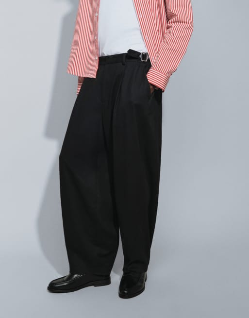 ASOS DESIGN 100% cotton heavyweight tailored wide barrel leg trousers in black with patch pocket, 2 of 9