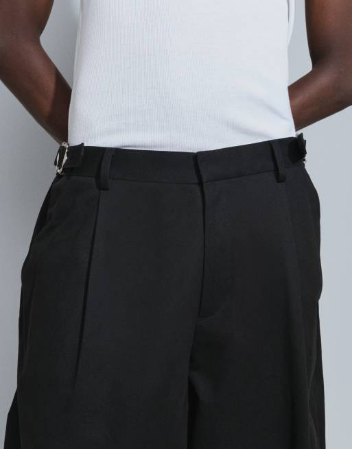 ASOS DESIGN 100% cotton heavyweight tailored wide barrel leg trousers in black with patch pocket, 4 of 9