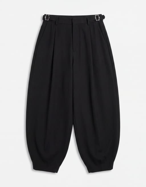ASOS DESIGN 100% cotton heavyweight tailored wide barrel leg trousers in black with patch pocket, 6 of 9