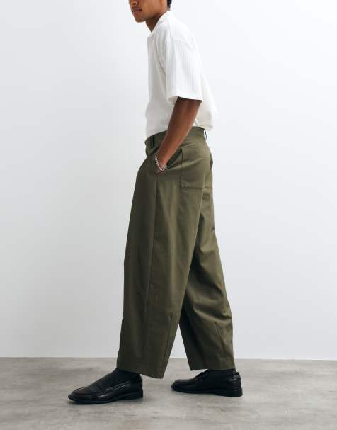 ASOS DESIGN 100% cotton heavyweight tailored wide barrel leg trousers in khaki with patch pocket - view 1