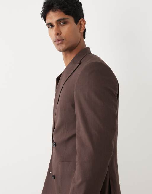ASOS DESIGN 100% cotton linen look regular fit double breasted suit blazer in brown, 4 of 5