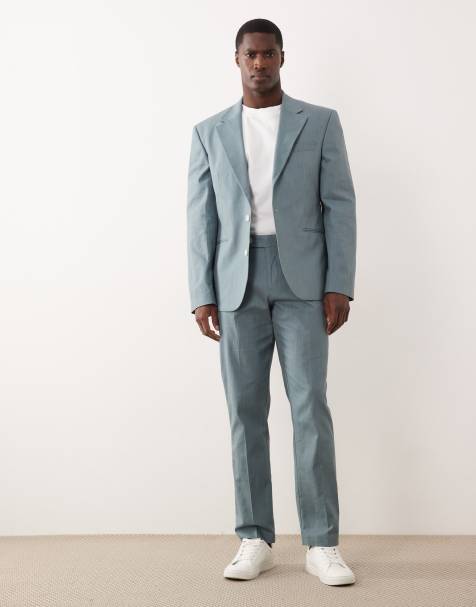 ASOS DESIGN 100% cotton linen look slim suit trousers in blue