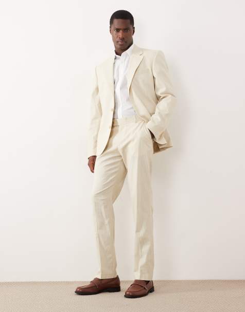 ASOS DESIGN 100% cotton linen look slim suit trousers in beige - view 1