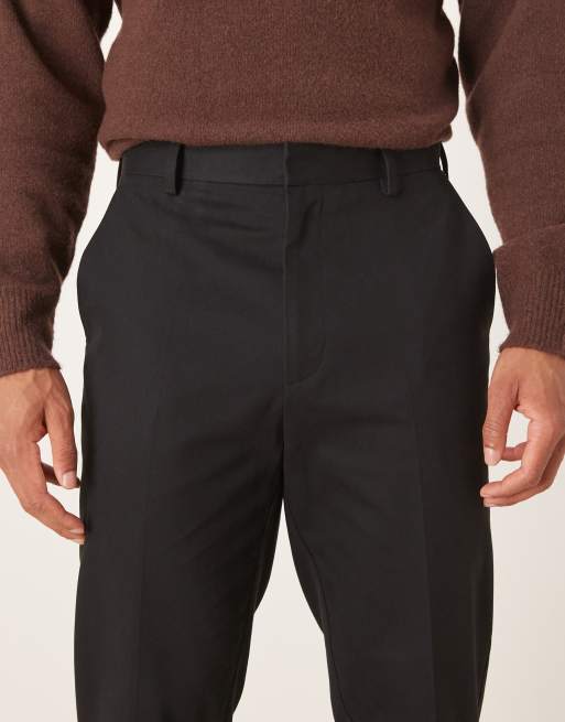 ASOS DESIGN smart 100% cotton tapered trousers with turnup in black