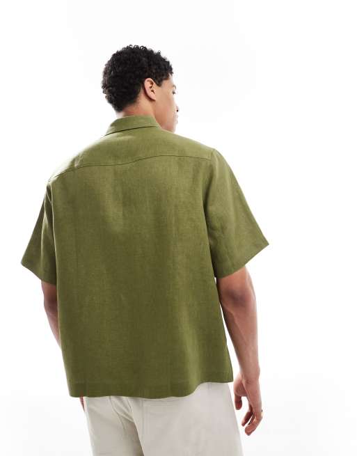 ASOS DESIGN 100% linen boxy regular shirt in dusty green, 3 of 4