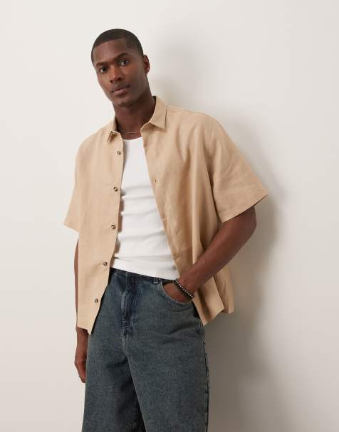 ASOS DESIGN 100% linen boxy regular shirt in sand - view 1