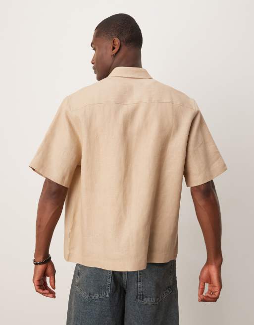 ASOS DESIGN 100% linen boxy regular shirt in sand, 4 of 4