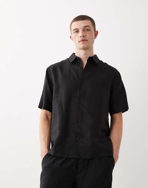 ASOS DESIGN 100% linen relaxed shirt in black - part of a set - view 1