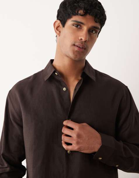 ASOS DESIGN 100% linen relaxed shirt in brown - part of a set - view 1