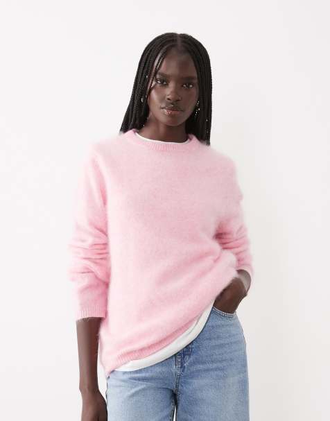 ASOS DESIGN 100 % uld striktrøje med rund hals, afslappet pasform og børstet overflade i lyserød - view 1