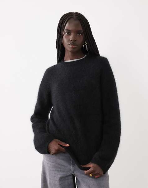 ASOS DESIGN 100% wool crew neck relaxed brushed jumper in black - view 1