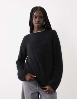 Asos Design 100% Wool Crew Neck Relaxed Brushed Sweater In Black
