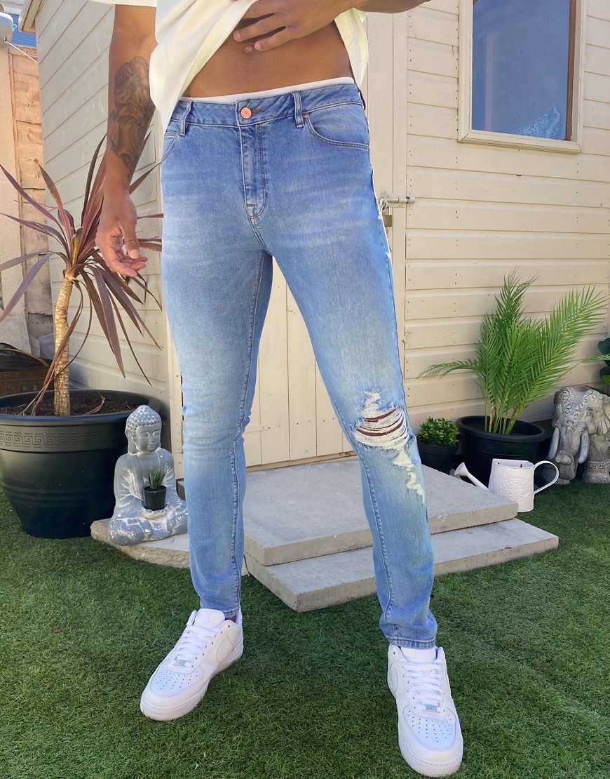 ASOS DESIGN – 12.5oz – Ljusblå skinny jeans med slitna knän
