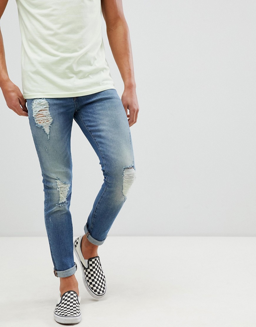 ASOS DESIGN – 12.5oz mellanblå skinny jeans med stora revor