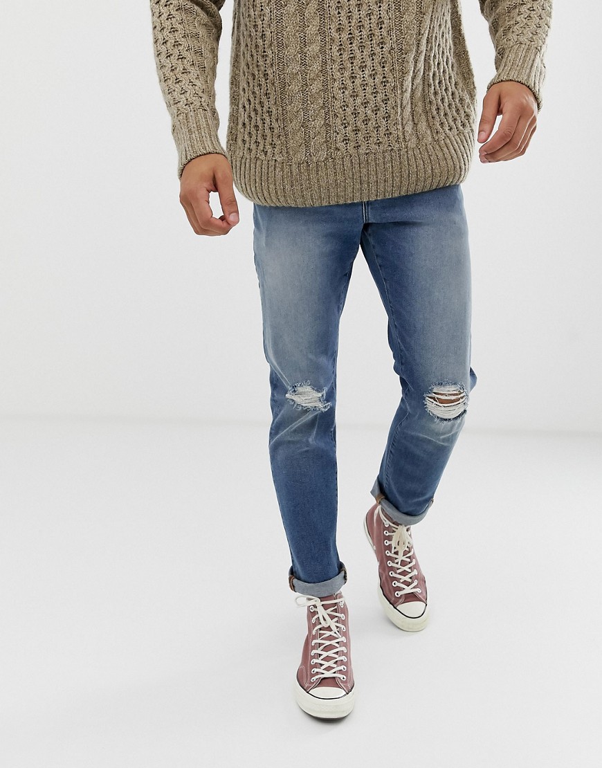 ASOS DESIGN 12.5oz slim jeans vintage mid wash with knee rips-Blue
