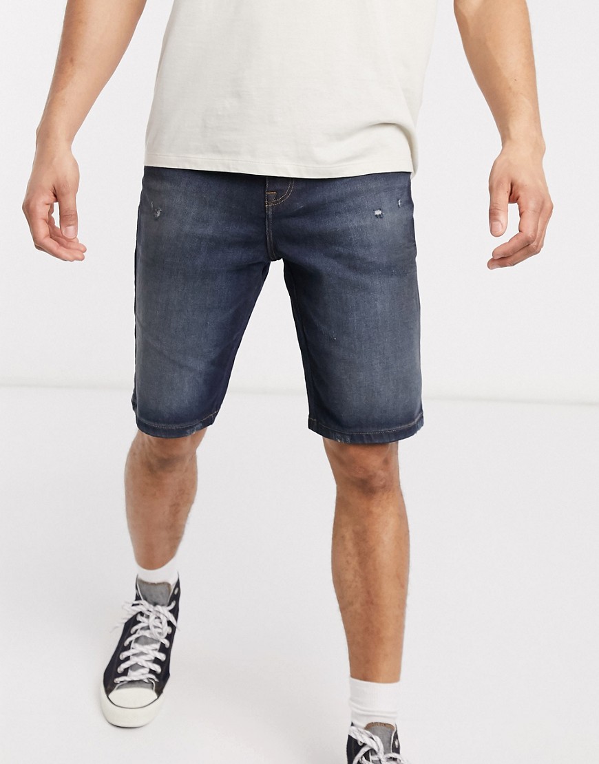 ASOS DESIGN - 12.5oz Smalle denim shorts met slijtplekken in donkerblauwe wassing