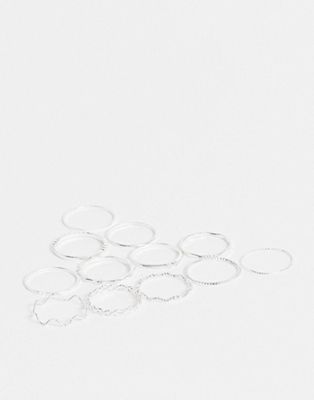 ASOS DESIGN – 12er-Pack silberne Ringe mit verdrehtem und eingraviertem Design im