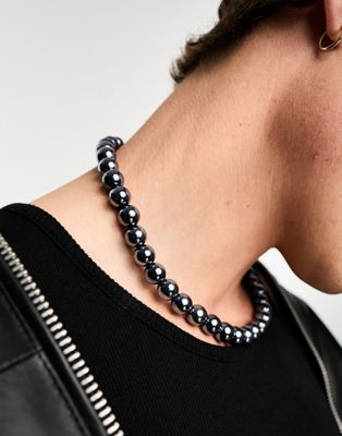 ASOS DESIGN 12mm faux pearl necklace in hematite