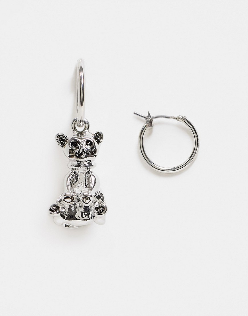 ASOS DESIGN 12mm hoop earring with cat charm in silver tone