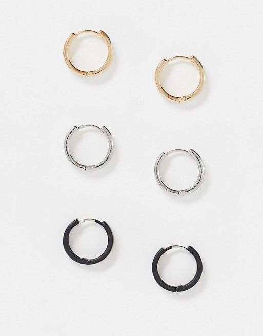 ASOS DESIGN 12mm hoop earrings pack in black silver and gold tone