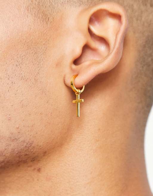 ASOS DESIGN 12mm hoop earrings with cross charms in 14k gold plate