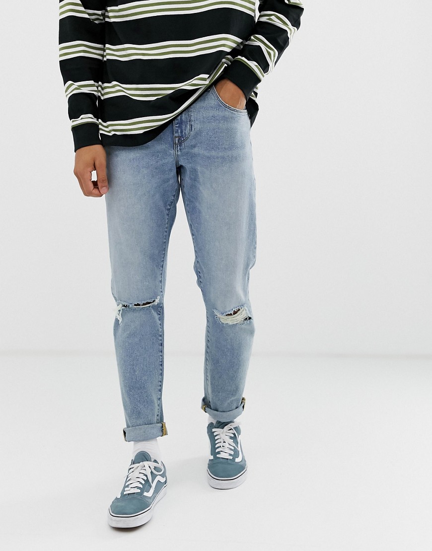ASOS DESIGN - 12oz smalle jeans med stræk i vintage light wash og knæflænger samt slid-Blå