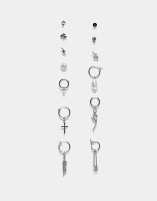 ASOS DESIGN 13 pack stud and drop earrings with faux pearl and pendants in multi