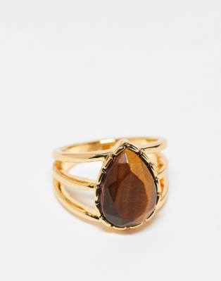 ASOS DESIGN - 14-karätig vergoldeter Ring mit Halbedelstein in Tigeraugen-Optik-Goldfarben