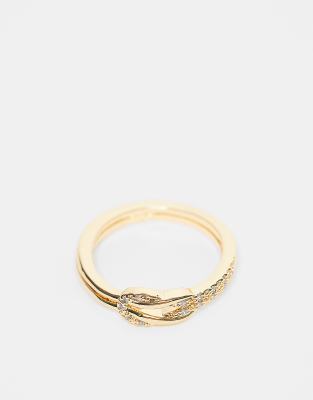 ASOS DESIGN 14k gold plate band ring with knot detail and cubic zirconia stones in gold tone with gift bag