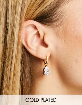 ASOS DESIGN 14k gold plate hoop earrings with crystal teardrop