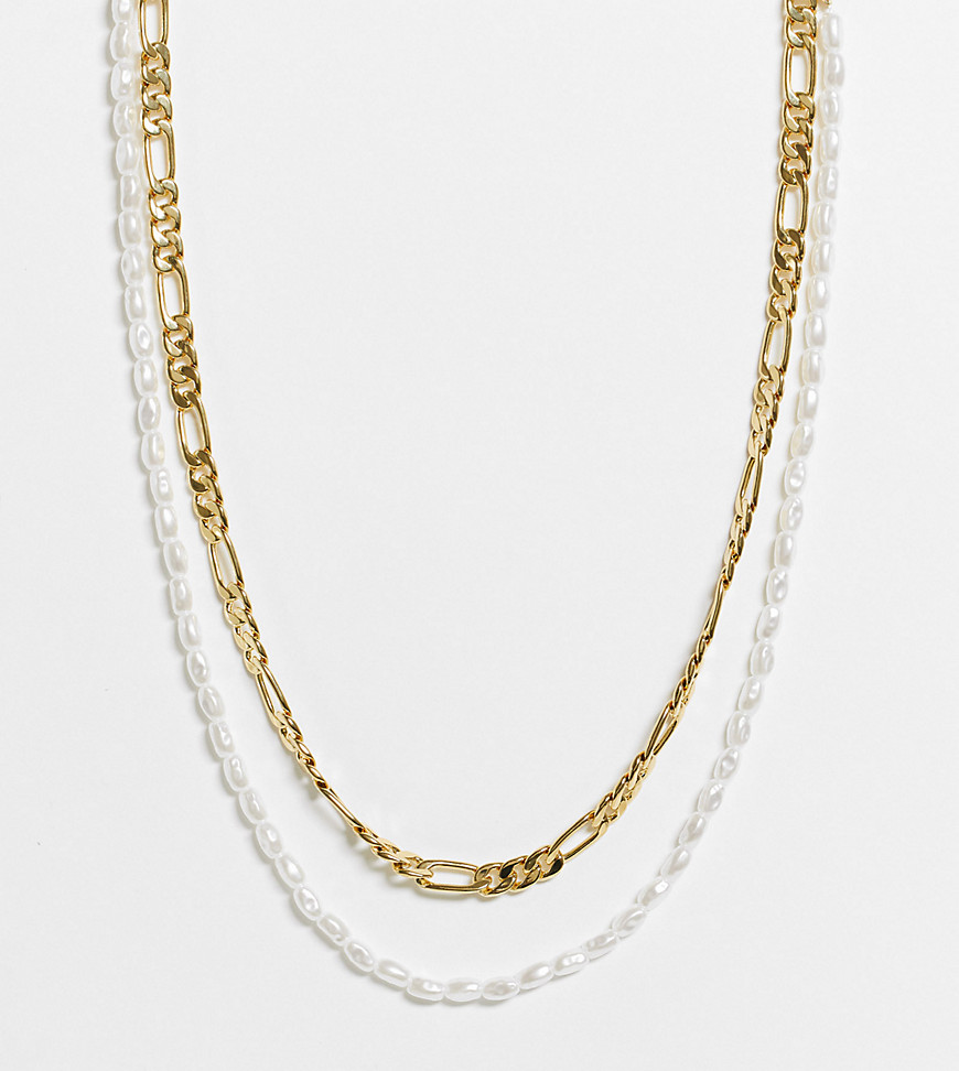 ASOS DESIGN 14k gold plate multirow necklace with faux freshwater pearl and figaro chain
